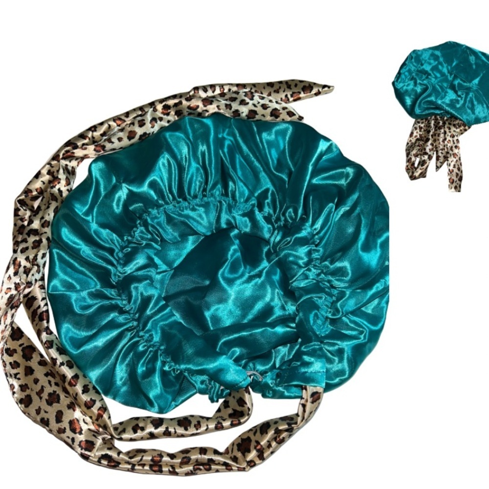 Teal Satin Hair Bonnet with Leopard Print Ties
